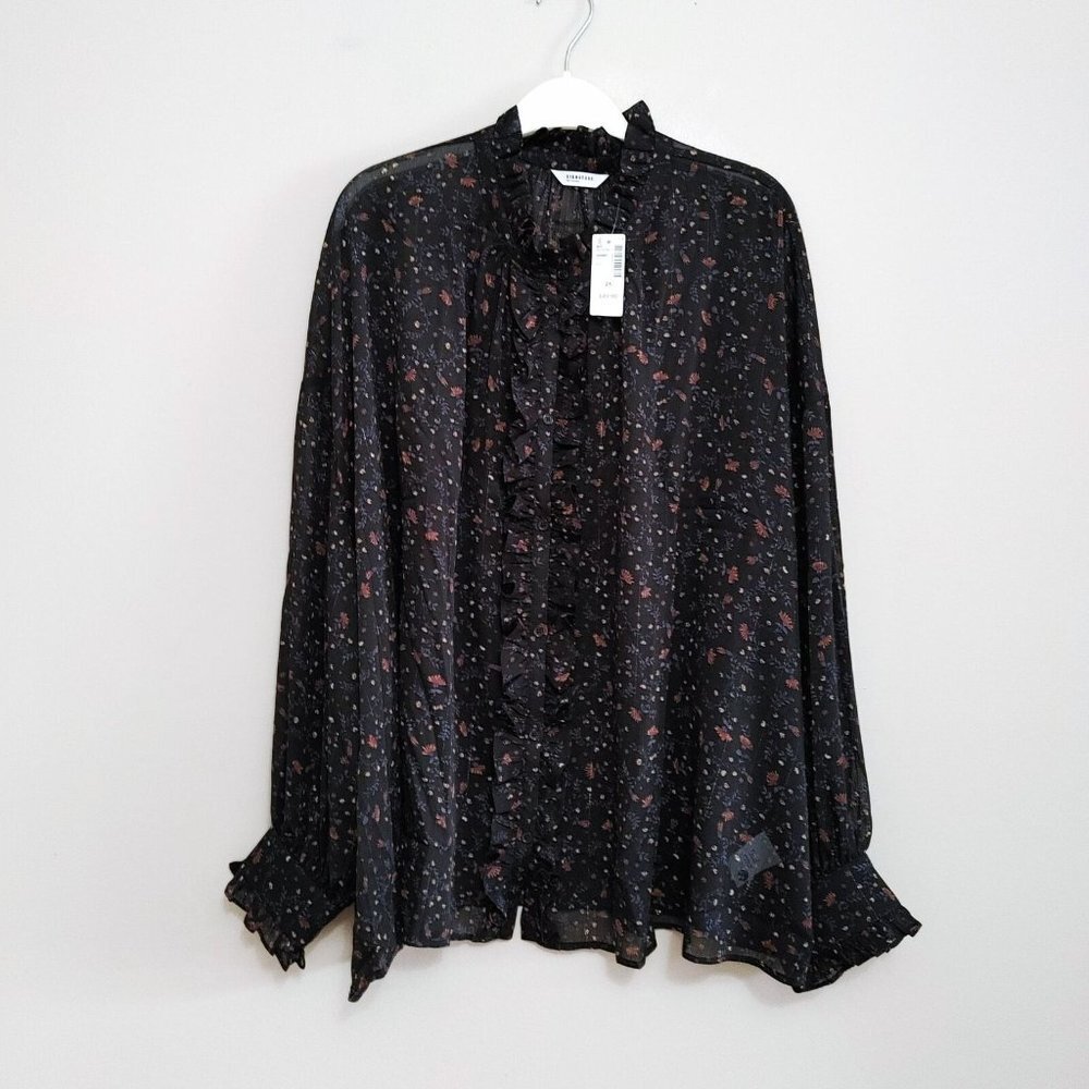 Reitmans Signature Women's Ruffle Neck Button Up Sheer  Blouse Size 2X Black